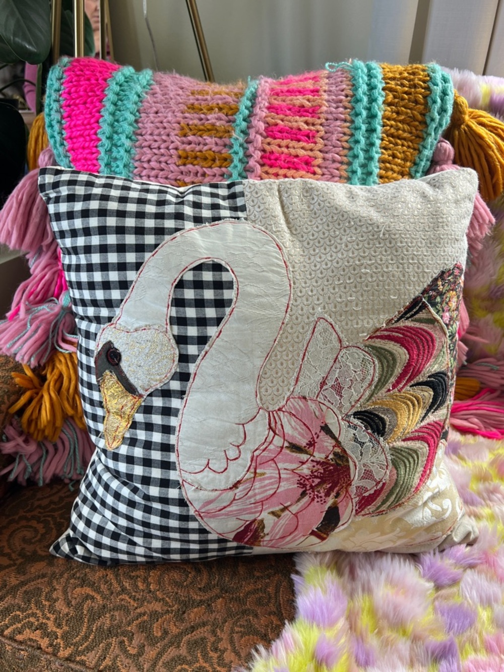 Carola van Dyke Anthropologie Appliquéd Swan Throw Pillow Pink, Black & Cream